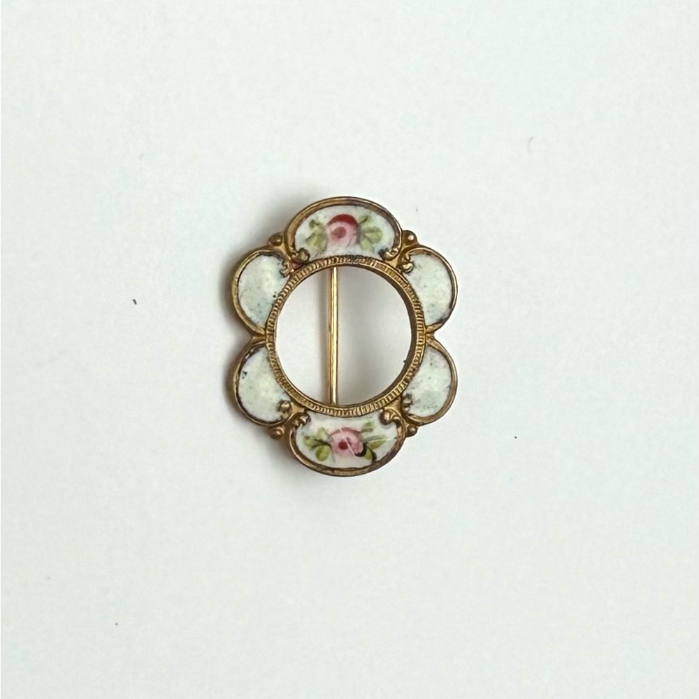 Vintage Floral Enamel Brooch with Pink Roses | Elegant Gold Tone Flower Pin